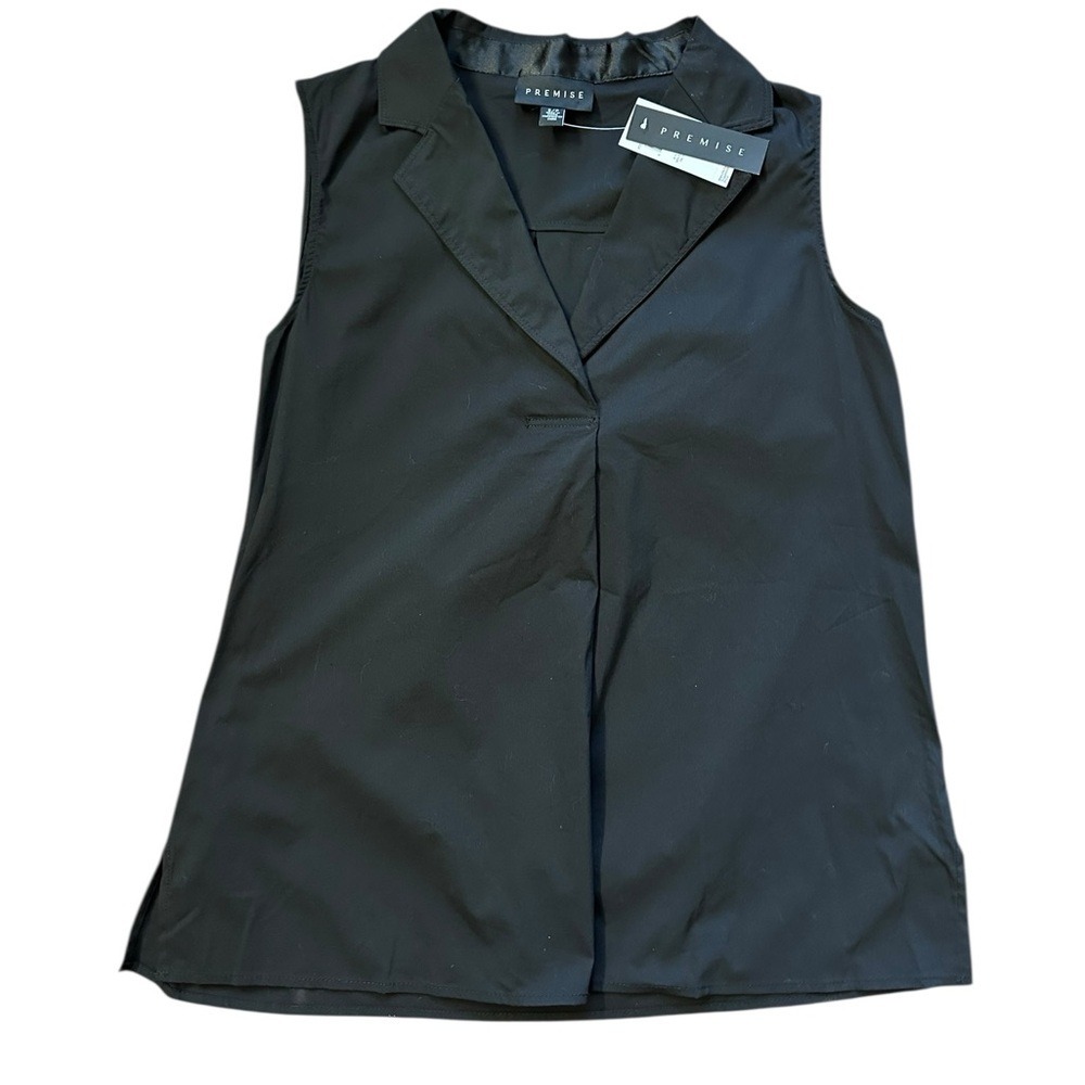 NWT Premise Black Sleeveless Blouse Women Small Notched V-Neck Cotton Blend Top